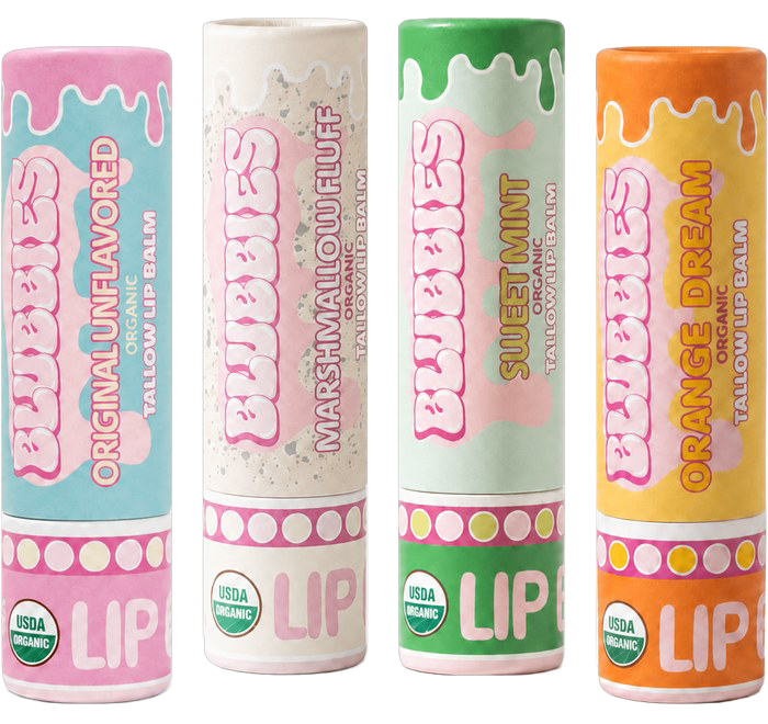 The four Blubbies flavors: Original Unflavored, Marshmallow Fluff, Sweet Mint, and Orange Dream